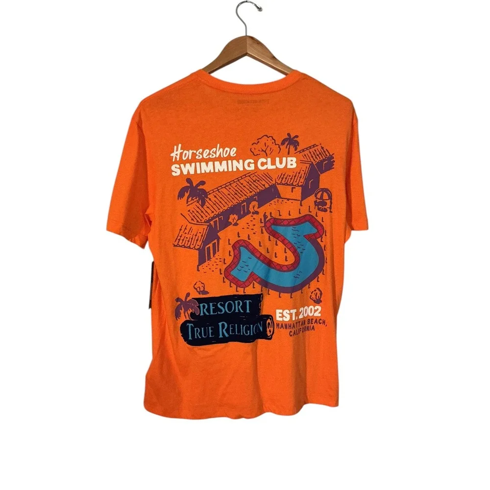 True Religion Mens Relaxed Tee Fire Orange Horseshoe Swimming‎ Club 108834C
